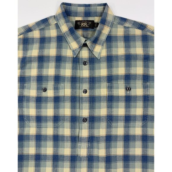 RRL Double RL Ralph Lauren Mens Popover Shirt Sz Large Blue Plaid Long Sleeve - Picture 1 of 12